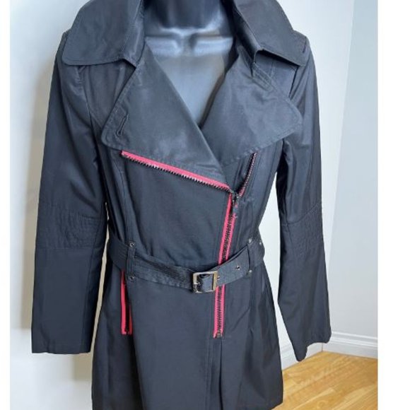 Black Rivet Womens Front Zip Trench Coat Belted Waist Long Sleeve Size M Black - Picture 2 of 5